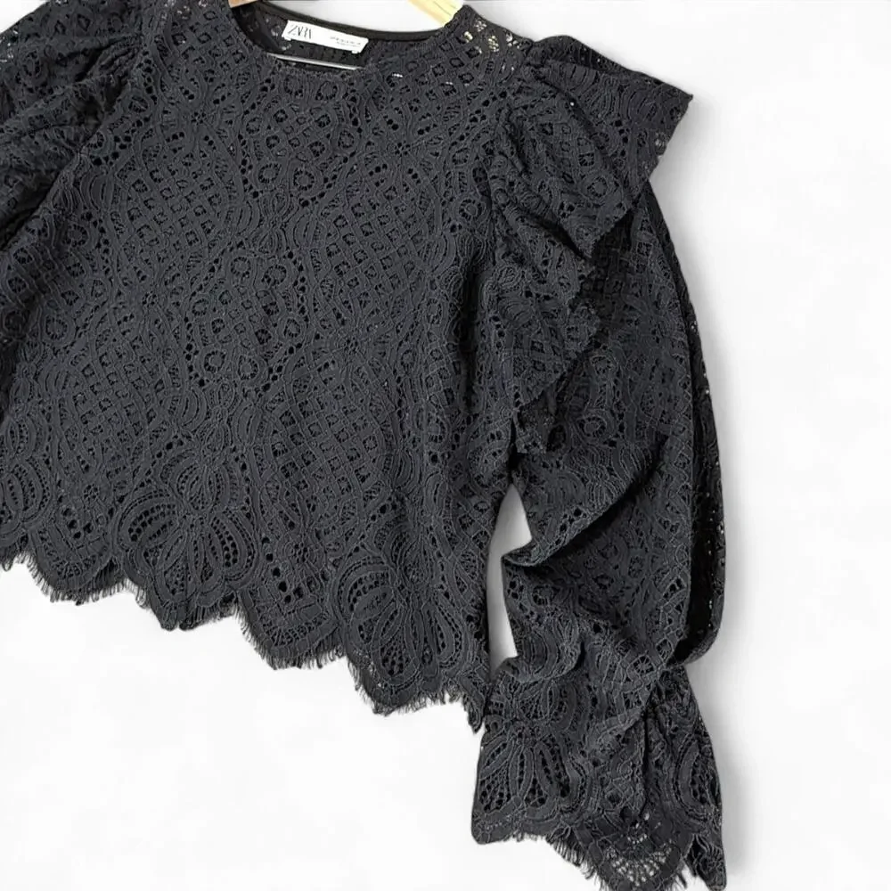 Zara Black Lace Ruffle Flounce Sleeve Blouse M‎ Romantic Whimsigoth Witchy Sheer
